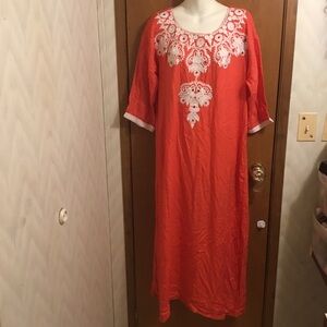 Moroccan Orange Embroidered Kaftan Dress with Rhinestones